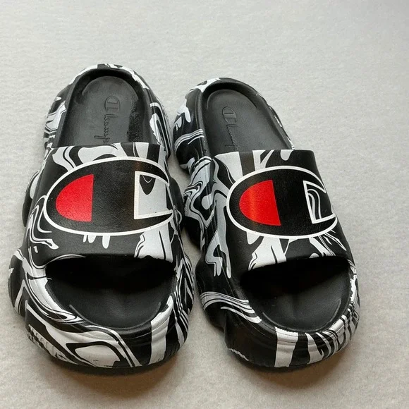 Champion IPO Warped Slides Black White Marble Swirl Sandals Mens Size 13 - Picture 5 of 14
